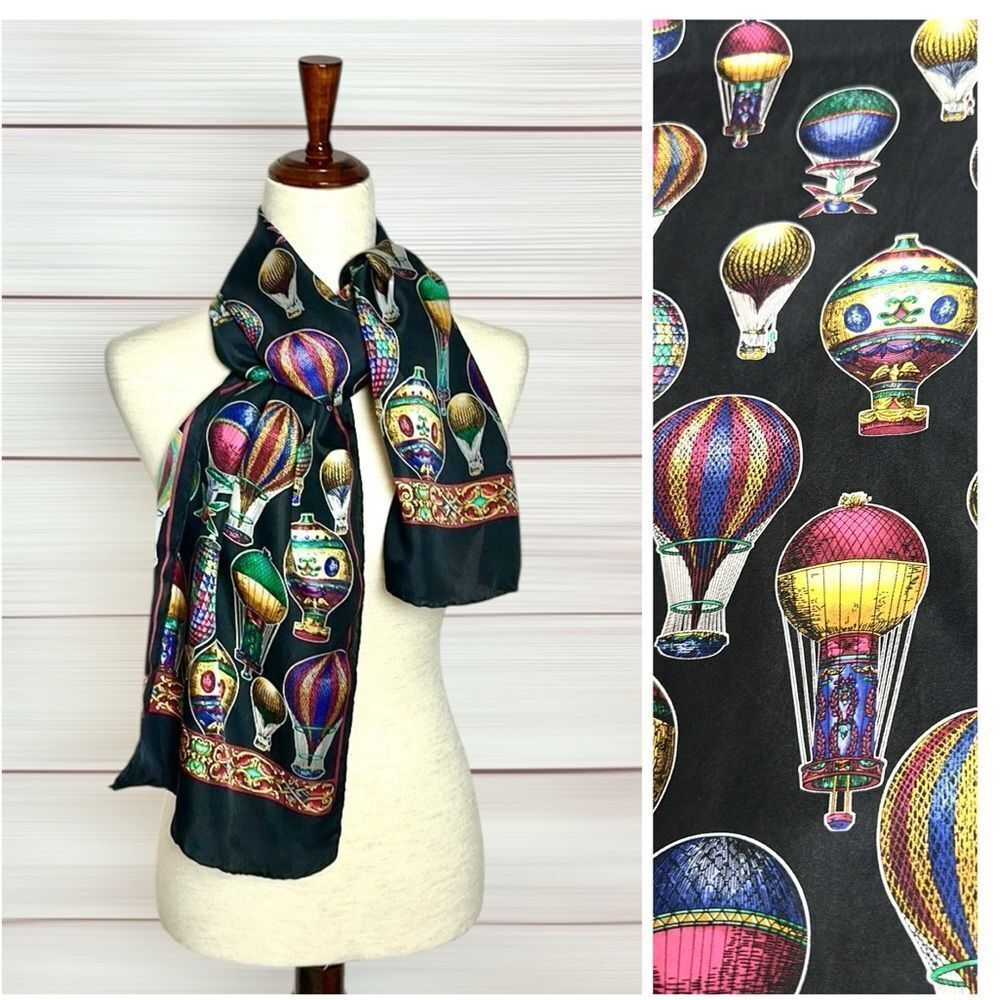 Hot Air Balloons Silk Scarf Black Rectangle 13.5x57” Hand Rolled made in Korea